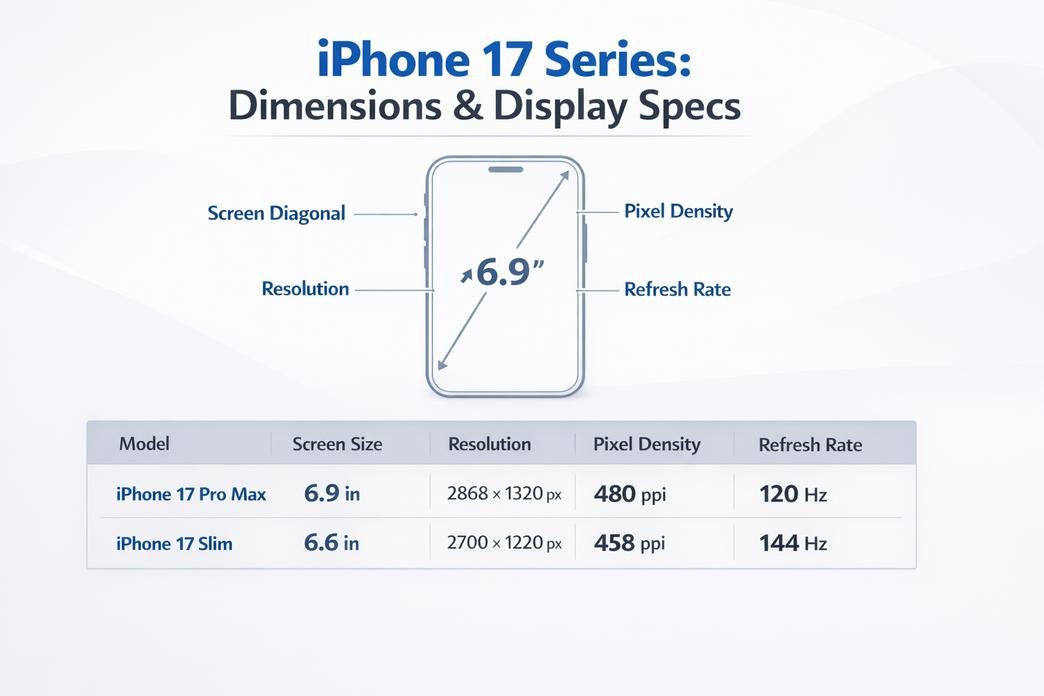 Comparison of iPhone 17 size data, display area, and accessory mold design