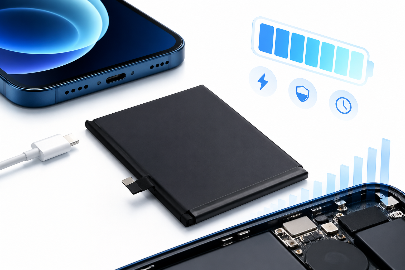 Illustrazione delle prestazioni quotidiane di uptime e ricarica della batteria in mAh di iPhone 16