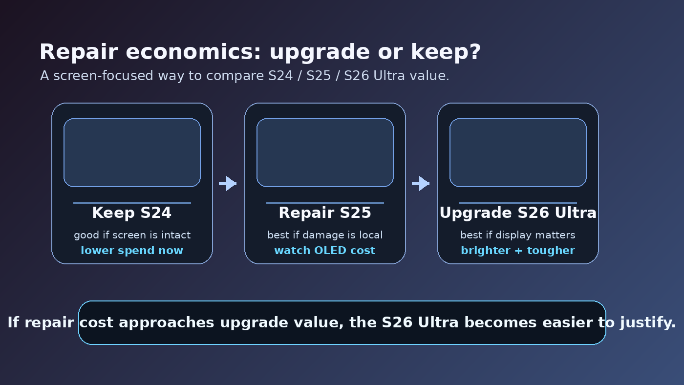 Illustration de la décision entre coût de réparation et mise à niveau du Samsung S26 Ultra