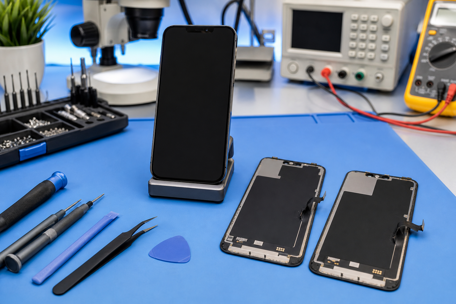 iPhone screen black but has sound after screen replacement repair troubleshooting bench