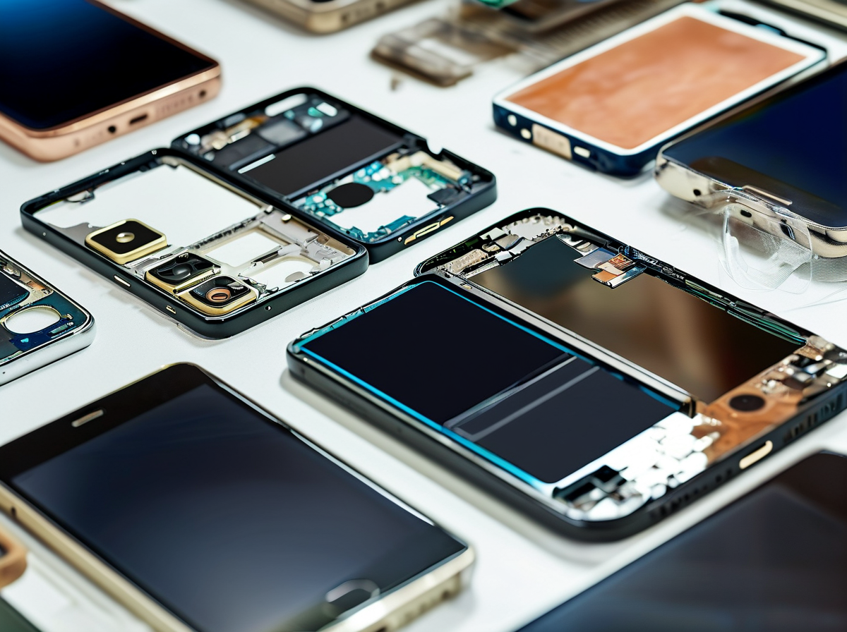 Wholesale phone screen parts display assemblies arranged on clean workbench