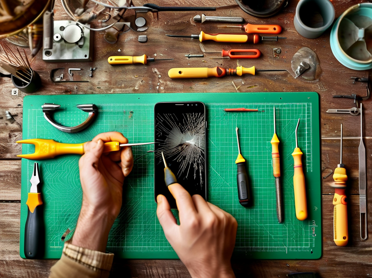 Phone screen repair workbench with anti static mat suction cup and tools
