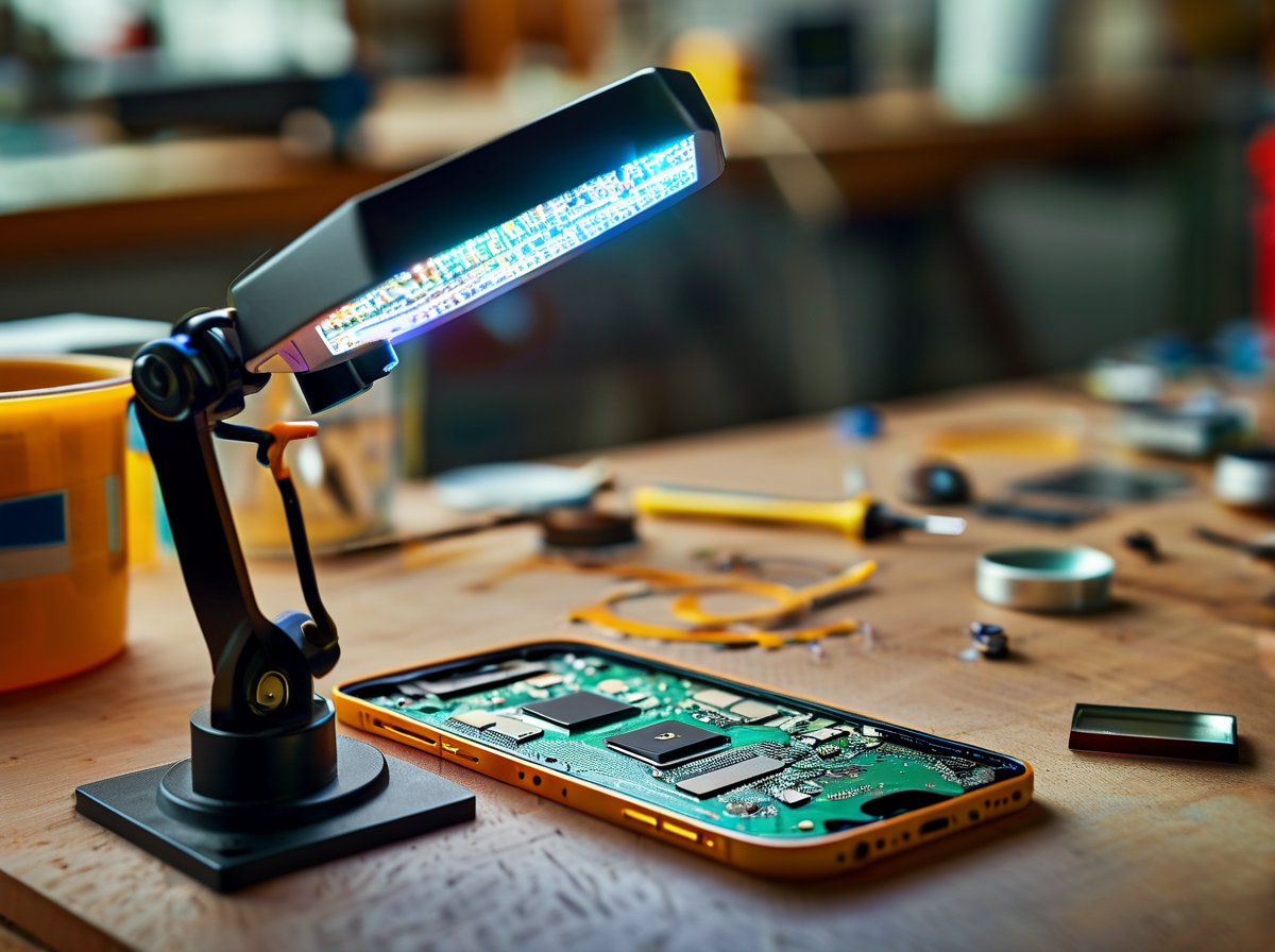 LED magnifying lamp inspecting smartphone motherboard
