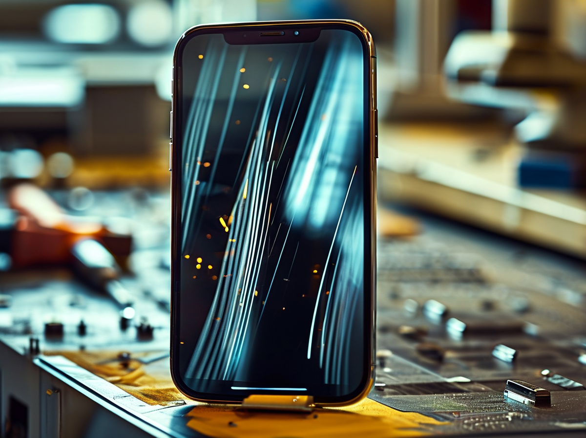 Vertical lines on phone screen diagnostic repair bench close up