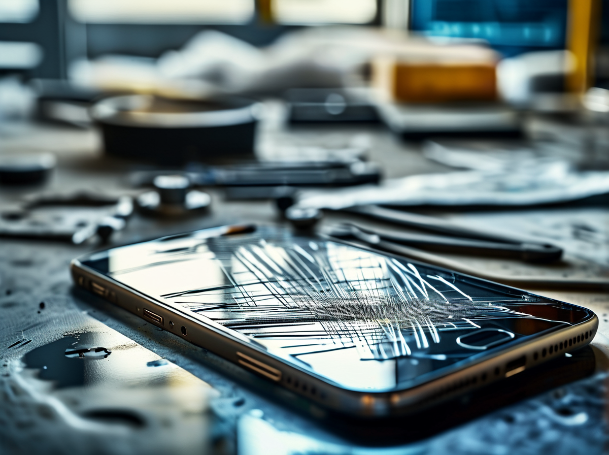 Smartphone with vertical screen lines after drop inspected on repair bench