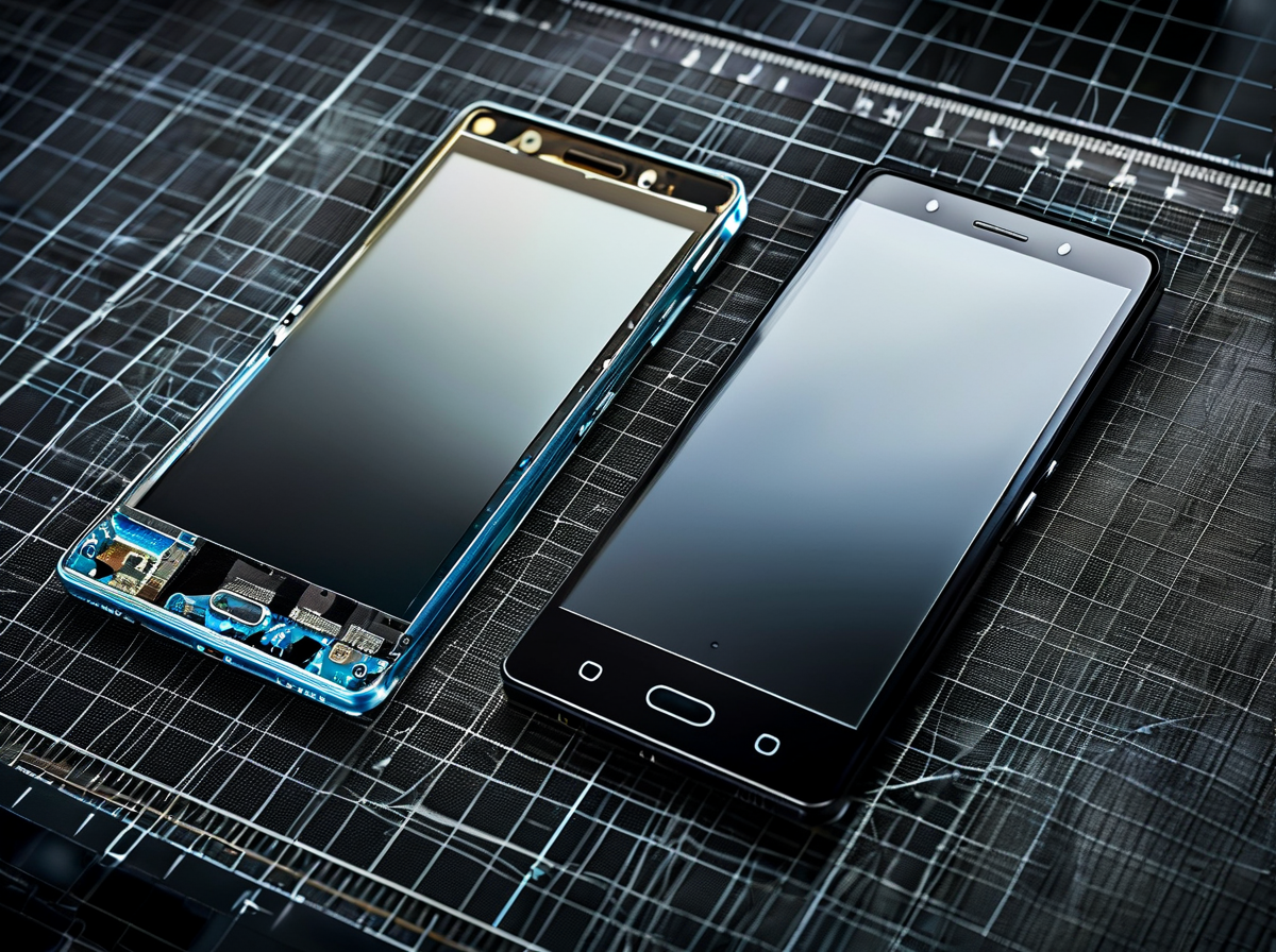 LCD and OLED replacement phone screen panels compared on a repair bench