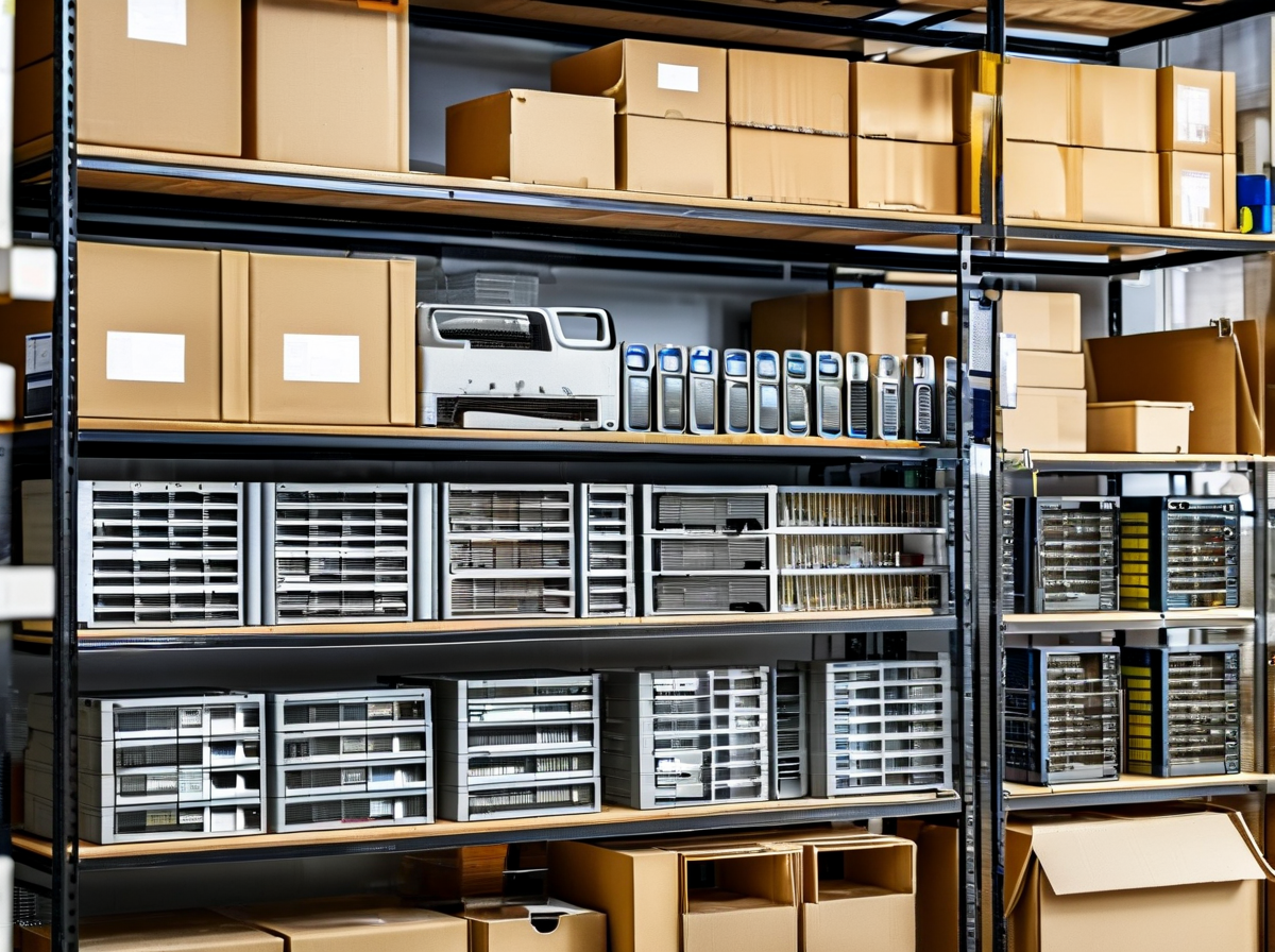 organized repair shop inventory shelving with boxed screen parts