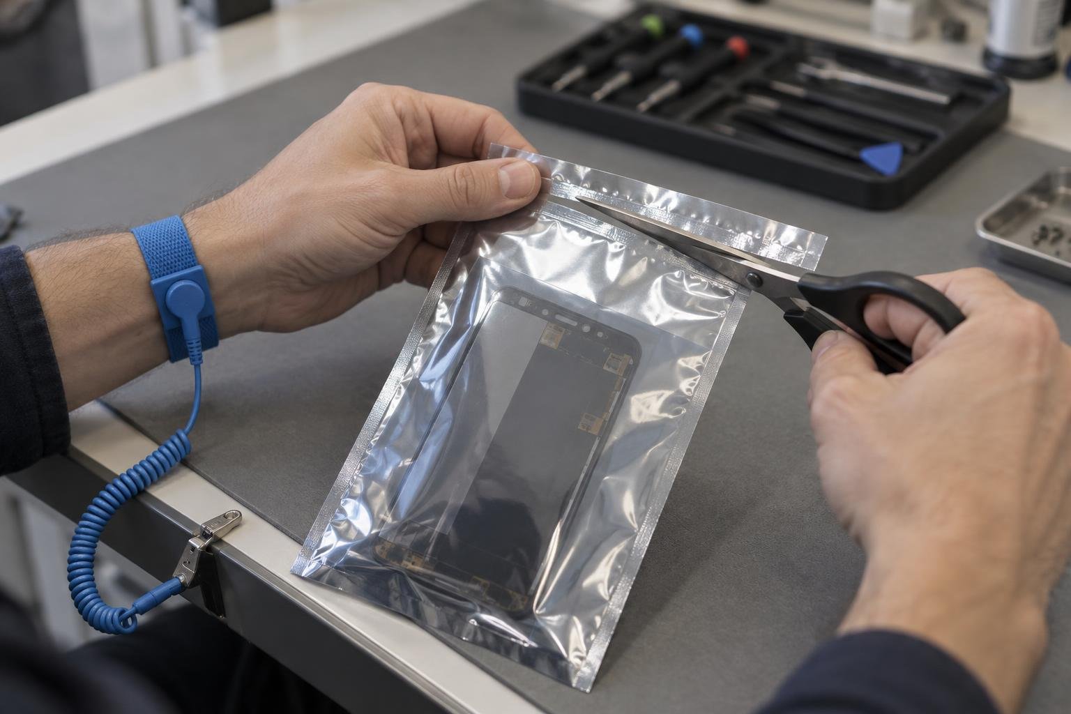 Technician wearing a grounded antistatic wrist strap cutting open the sealed edge of an antistatic bag holding a phone display assembly
